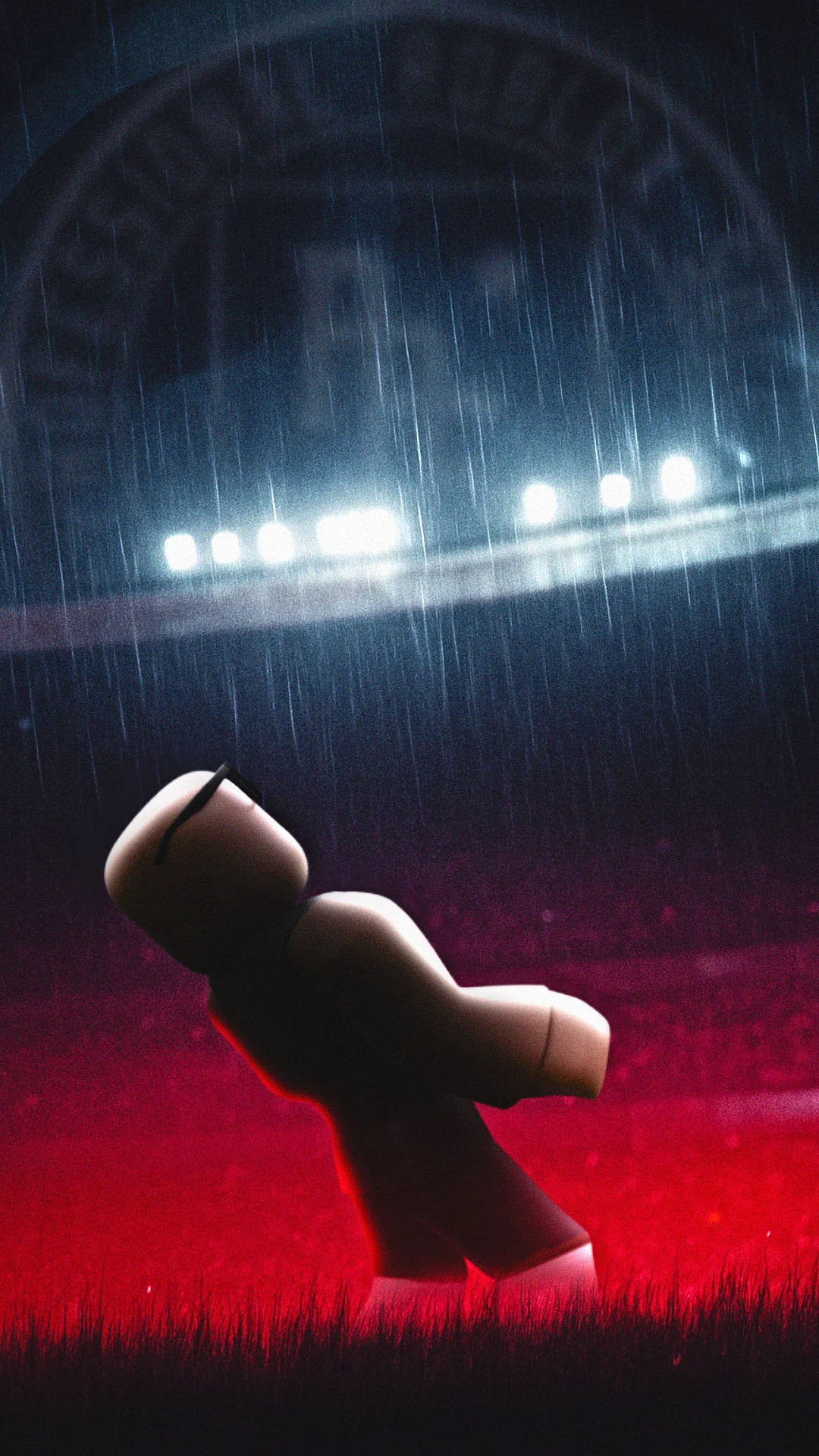 Personagem de Roblox em noite de chuva