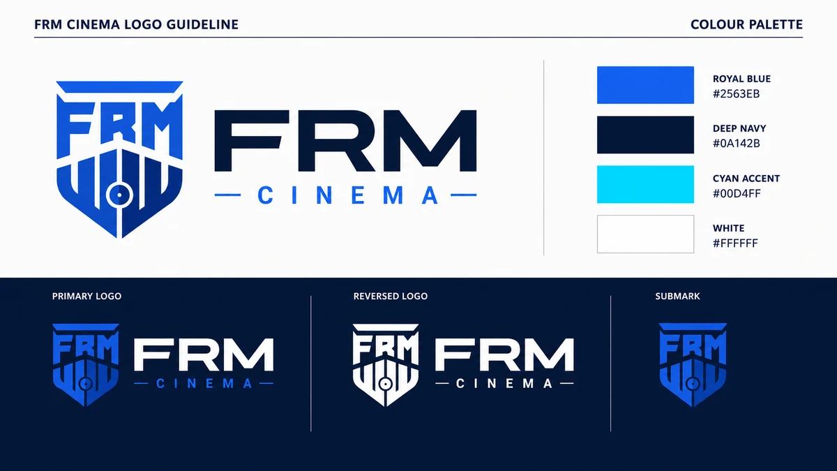 Guia de identidade visual da FRM Cinema, com logo e paleta